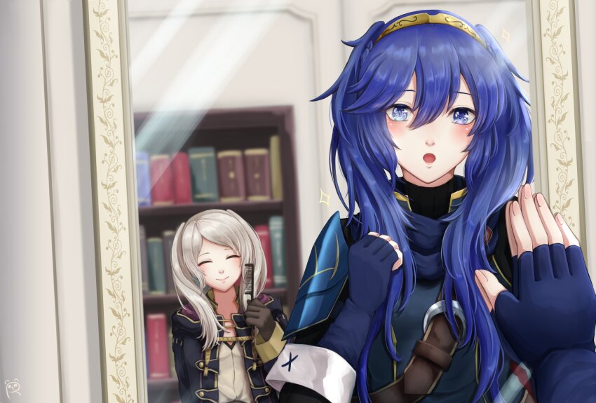 2girls :o alternate_hairstyle black_robe blue_eyes blue_gloves blue_hair bookshelf closed_mouth female_robin_(fire_emblem) fingerless_gloves fire_emblem fire_emblem_awakening gloves hair_between_eyes hair_brush happy highres holding holding_hair_brush indoors long_hair long_sleeves looking_at_mirror lucina_(fire_emblem) matching_hairstyle mirror mother_and_daughter multiple_girls nintendo open_clothes open_mouth open_robe pov pov_hands reia_hana robe smile tongue twintails white_hair