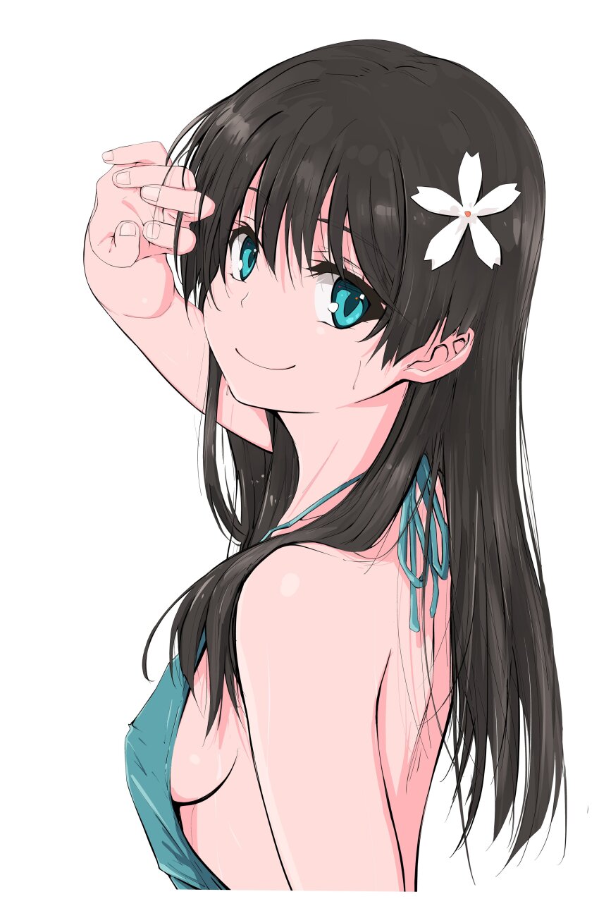 1girl apron backless_outfit bare_shoulders black_hair flower from_side hair_flower hair_ornament musaki_(msaki666) naked_apron saten_ruiko simple_background smile solo toaru_kagaku_no_railgun toaru_majutsu_no_index white_background