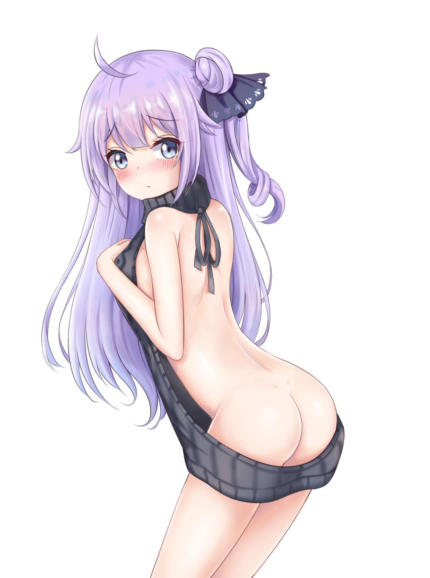 1girl absurdres ahoge ass azur_lane black_sweater blush breasts butt_crack closed_mouth commentary_request dimples_of_venus hair_bun hair_ornament hands_on_own_chest highres long_hair looking_at_viewer medium_breasts meme_attire naked_sweater one_side_up partial_commentary purple_eyes purple_hair simple_background single_side_bun solo sweater unicorn_(azur_lane) virgin_killer_sweater white_background zeukiar