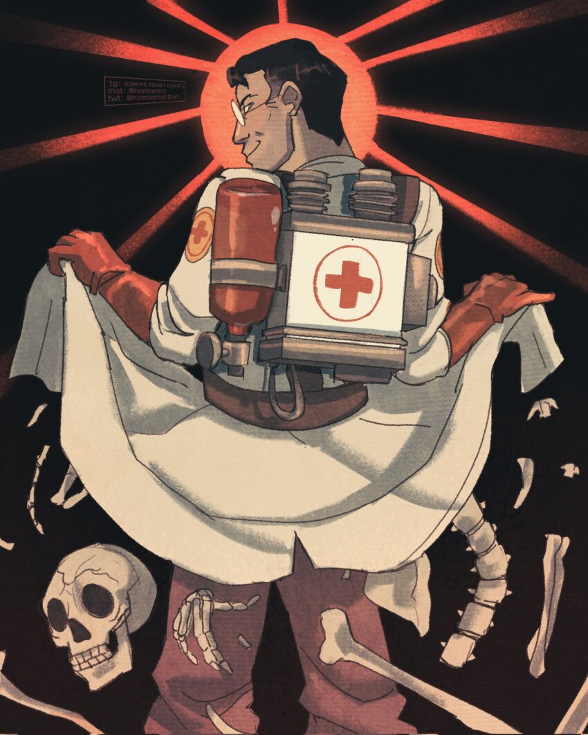 1boy bakemonogatari black_background black_hair brown_pants closed_mouth coat commentary cowboy_shot cross english_commentary glasses gloves highres homommyintown long_sleeves looking_at_viewer looking_back male_focus medic_(tf2) monogatari_(series) pants parody red_cross red_gloves red_medic_(tf2) senjougahara_pose short_hair skeleton skull smile solo sun_symbol team_fortress_2 white_coat