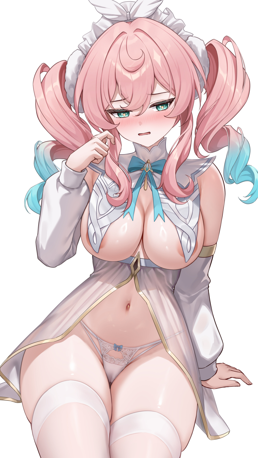 1girl absurdres aqua_eyes areola_slip averting_eyes blue_hair blue_ribbon blush breast_curtains breasts cameltoe cleavage collar colored_tips deep_skin detached_sleeves drill_hair embarrassed gem grimace hair_between_eyes hand_up highres honkai:_star_rail honkai_(series) hyacine_(honkai:_star_rail) large_breasts long_hair long_sleeves looking_at_viewer looking_to_the_side lunacle multicolored_hair navel neck_ribbon no_bra paid_reward_available panties pink_hair revealing_clothes ribbon shiny_skin shy simple_background sitting skindentation solo stomach thick_thighs thighhighs thighs twin_drills twintails undersized_clothes undersized_thighhighs underwear wavy_mouth white_background white_collar white_headdress white_panties white_thighhighs yellow_pupils
