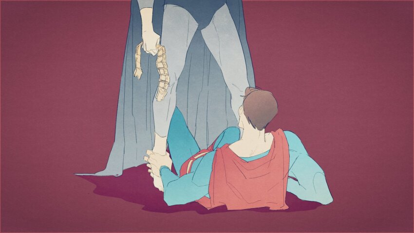 2boys arm_support barefoot batman batman_(series) belt black_cape briefs brown_hair cape chinese_commentary clenched_hand commentary_request dc_comics film_grain hand_on_another&#039;s_foot highres holding holding_belt knee_up lying male_focus male_underwear multiple_boys on_back pero_(perooooo10) red_background red_cape short_hair simple_background standing superhero_costume superman superman_(series) underwear utility_belt yellow_belt