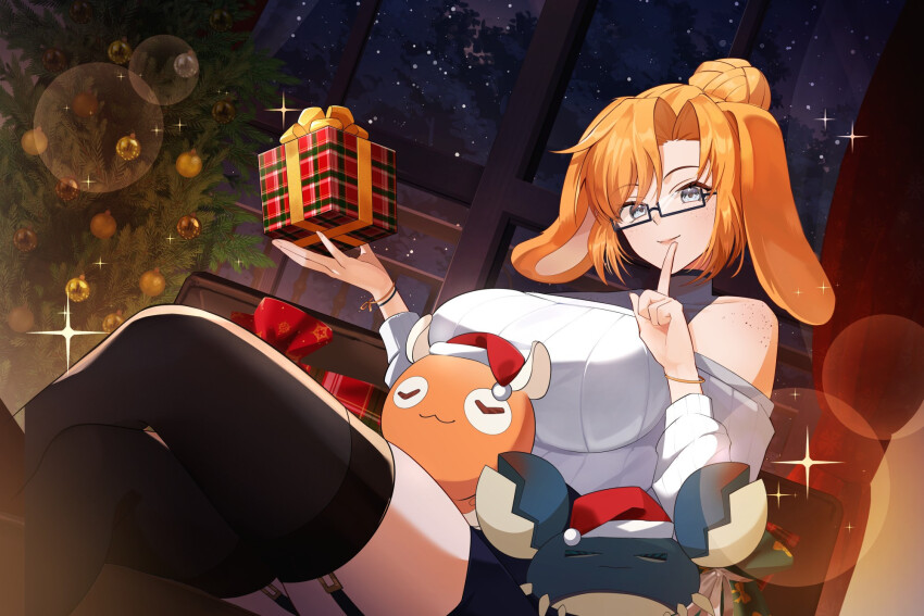 1girl adora_bunny animal animal_ears artist_request ass_out_of_frame bare_shoulders box breasts christmas_tree crab crossed_legs finger_to_mouth freckles garter_straps gift gift_box glasses grey_eyes highres huge_breasts indie_virtual_youtuber large_breasts looking_at_viewer night octopus orange_hair shushing smile star_(sky) thighhighs virtual_youtuber window