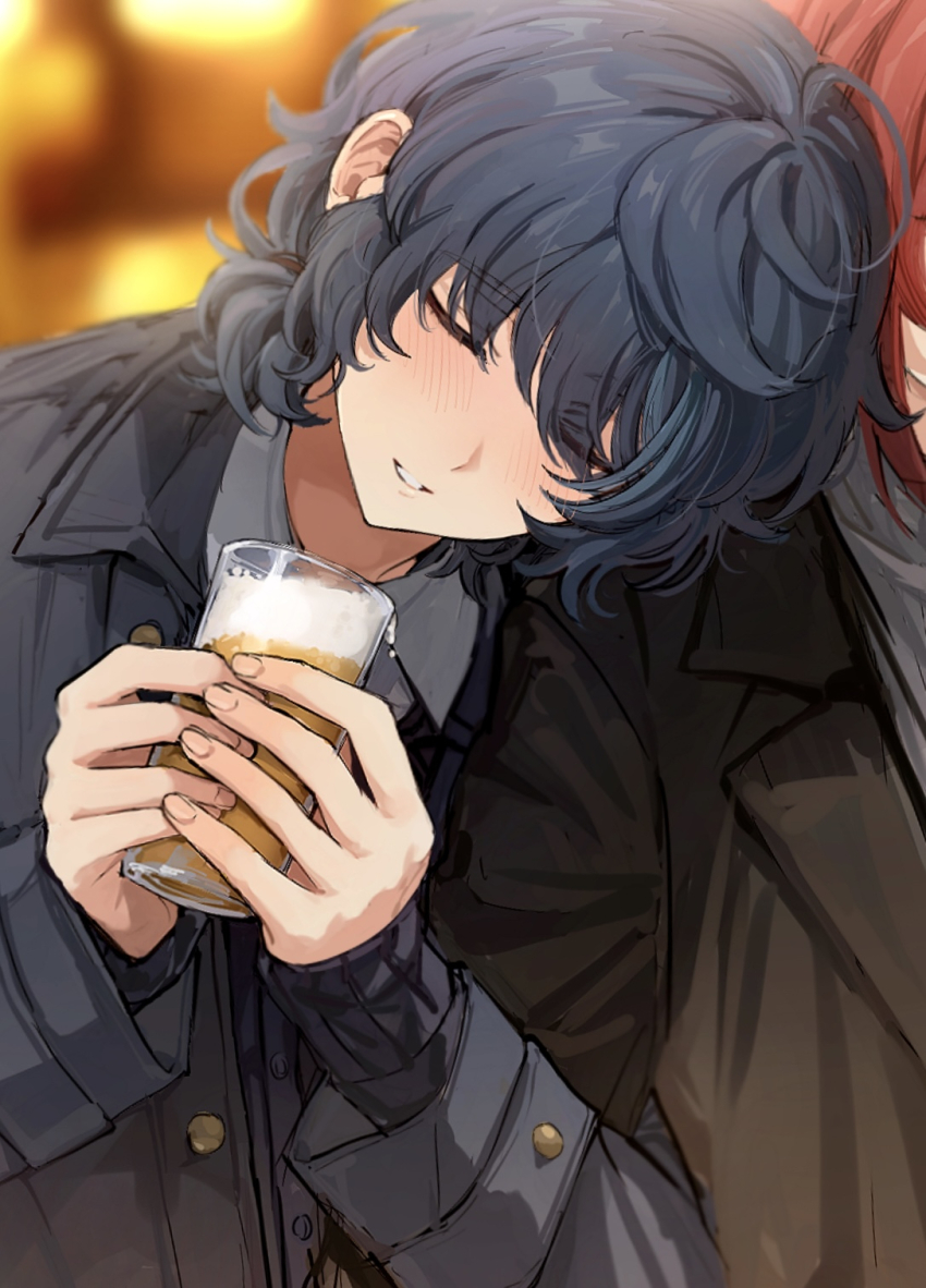 2boys alcohol aoba_tsumugi beer bishounen blurry blurry_background blush close-up closed_eyes coat cup ensemble_stars! glass head_on_another&#039;s_shoulder head_tilt highres holding holding_cup implied_yaoi layered_sleeves light_smile long_sleeves male_focus medium_hair multiple_boys no_eyewear out_of_frame parted_lips sakasaki_natsume solo_focus teeth tsmkwa two-handed u_u upper_body