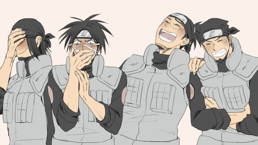 4boys bandana black_hair closed_eyes covering_face covering_own_mouth crossed_arms facial_hair flak_jacket forehead_protector gekkou_hayate goatee green_jacket hagane_kotetsu hand_on_another&#039;s_shoulder highres jacket konohagakure_shinobi_uniform konohagakure_symbol laughing male_focus multiple_boys naruto_(classic) naruto_(series) ninja ninnin_nino nino_(ninninnino) orange_background ponytail ranka_(naruto) simple_background tearing_up umino_iruka upper_body
