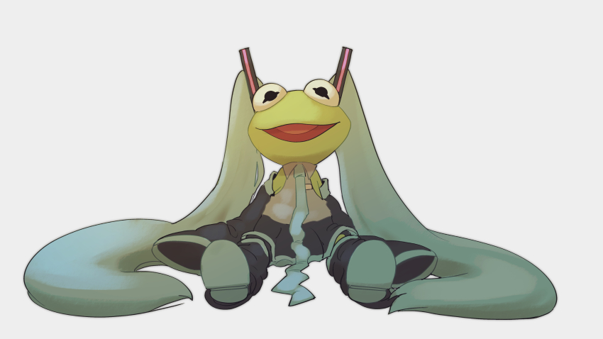 1boy absurdres bare_shoulders black_legwear commentary cosplay detached_sleeves english_commentary full_body green_hair grey_background hair_ornament hatsune_miku hatsune_miku_(cosplay) highres kermit_the_frog long_hair looking_at_viewer muppets necktie open_mouth oversized_clothes shirotani simple_background sitting skirt solo twintails very_long_hair vocaloid aged_down