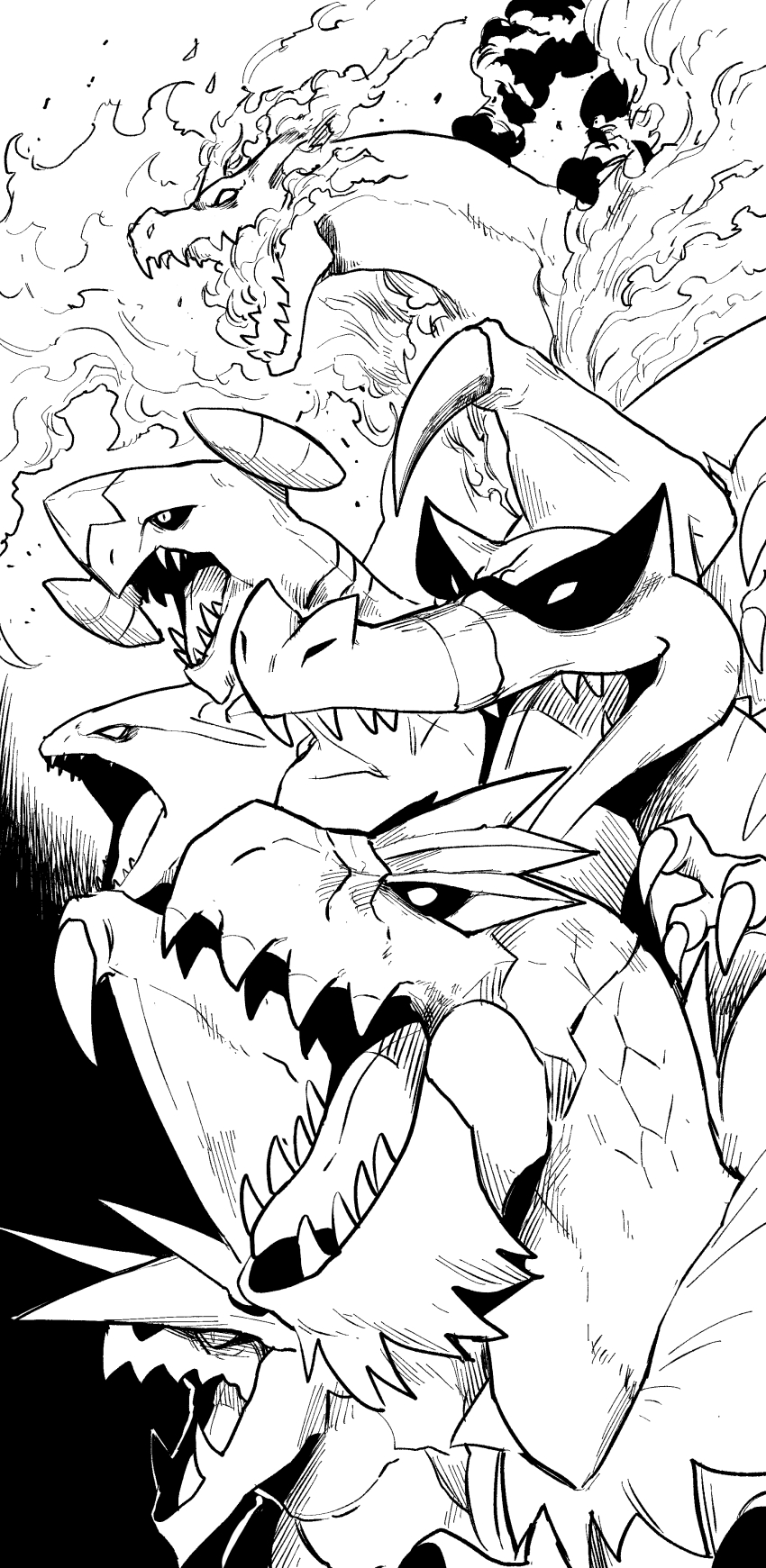 absurdres aggron animal_focus black_sclera blank_eyes breath_weapon breathing_fire charizard claws colored_sclera crocodilian dinosaur dragon fire garchomp gegegekman gen_1_pokemon gen_2_pokemon gen_3_pokemon gen_4_pokemon gen_5_pokemon gen_6_pokemon gigantamax gigantamax_charizard gills greyscale highres horns krookodile monochrome nintendo no_humans open_mouth pokemon pokemon_(creature) scales shark sharp_teeth slit_pupils smoke teeth trait_connection tyranitar tyrantrum wings
