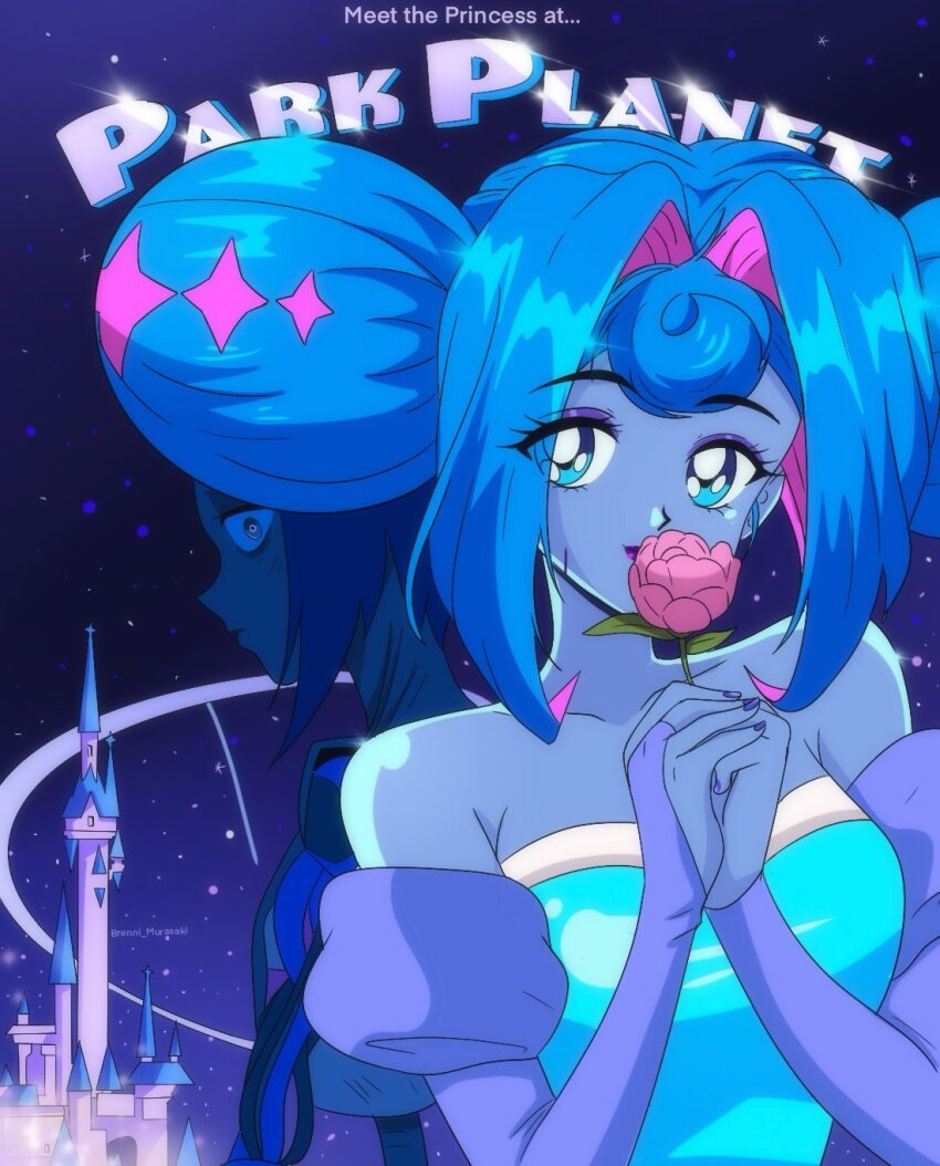 1990s_(style) animification bishoujo_senshi_sailor_moon blue_eyes blue_hair blue_lips brenni_murasaki dress dual_persona flower highres knights_of_guinevere parody petals pink_flower princess purple_dress retro_artstyle smile solo yellow_flower