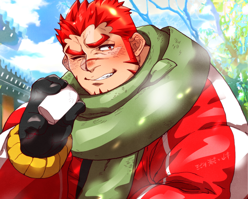 1boy akashi_(live_a_hero) alternate_costume bara blush breath cup disposable_cup facial_hair goatee green_scarf highres jacket kizami_nori_to_yamaimo live_a_hero long_sideburns looking_to_the_side male_focus muscular muscular_male one_eye_closed open_clothes open_jacket red_eyes red_hair scar scar_on_face scar_on_nose scarf short_hair sideburns solo thick_eyebrows upper_body winter