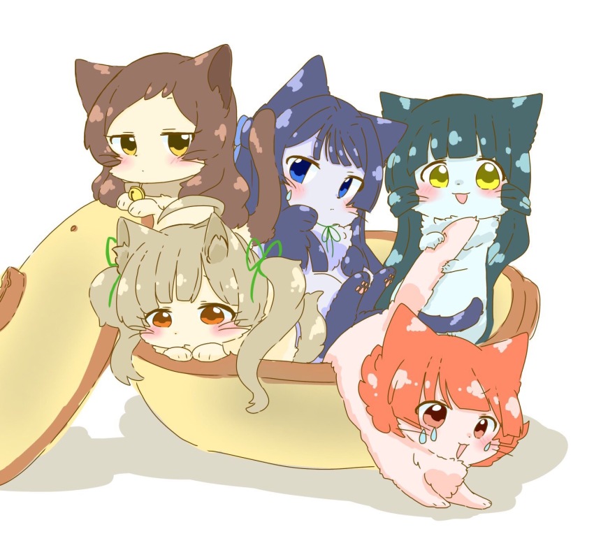 animal animal_focus animalization black_hair blue_eyes blush brown_eyes brown_hair cat closed_mouth dot_mouth green_hair hakozaki_serika highres hutaba idolmaster idolmaster_million_live! kitakami_reika kitazawa_shiho long_hair looking_at_viewer low_twintails mogami_shizuka no_humans nonohara_akane open_mouth red_hair short_hair smile tears twintails white_background yellow_eyes