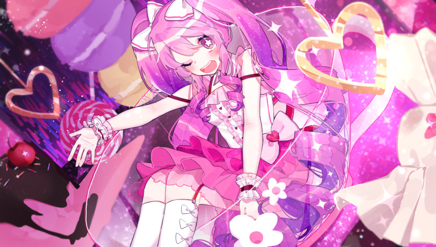 1girl aisha_landar bright_pupils candy cup elsword food frilled_wrist_cuffs frills in_container in_cup lollipop long_hair macaron magical_girl metamorphy_(elsword) one_eye_closed open_mouth patzzi pink_skirt purple_eyes purple_hair shirt sitting skirt socks solo star-shaped_pupils star_(symbol) symbol-shaped_pupils teeth twintails upper_teeth_only very_long_hair white_pupils white_shirt white_socks white_wrist_cuffs wrist_cuffs