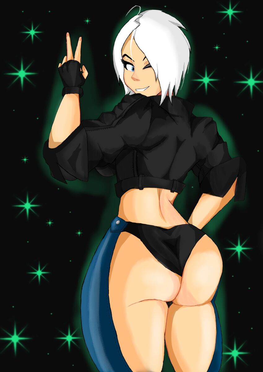 1girl absurdres angel_(kof) ass blue_eyes breasts curvy dream_jack dreamjack3 female_focus from_behind gloves hand_up highres huge_ass huge_breasts jacket large_breasts leather leather_jacket looking_at_viewer looking_back one_eye_closed pale_skin panties short_hair smile smiley_face standing tama527h the_king_of_fighters thick_thighs thighs underwear white_hair wide_hips wink