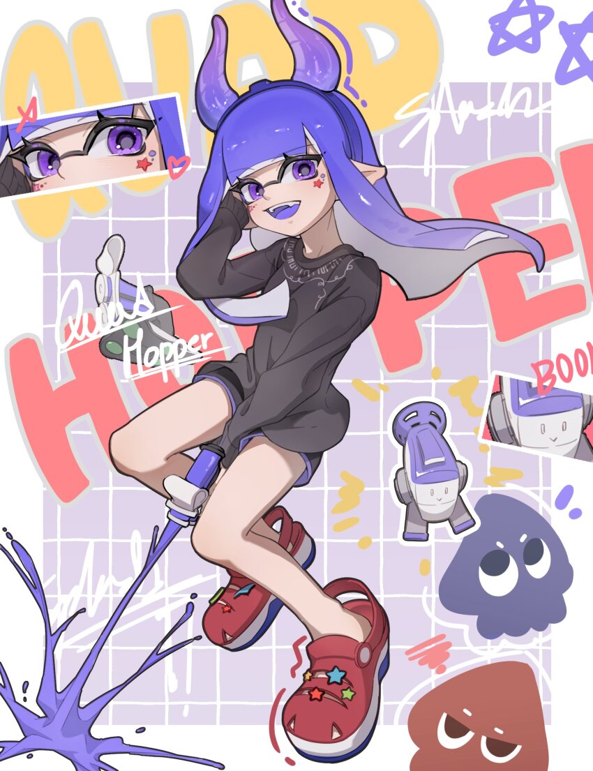 1girl :d absurdres autobomb_(splatoon) black_shirt black_shorts border chu_u0spl dolphin_shorts eyelashes facial_mark fake_horns floating_hair grid_background highres horns inkling inkling_girl inkling_player_character long_hair long_sleeves looking_at_viewer nintendo open_mouth outside_border pointy_ears purple_background purple_eyes purple_hair purple_trim red_sandals sandals shirt shorts smile solo splatoon_(series) splatoon_3 star_(symbol) star_facial_mark teeth tentacle_hair tetra_dualies_(splatoon) upper_teeth_only white_border