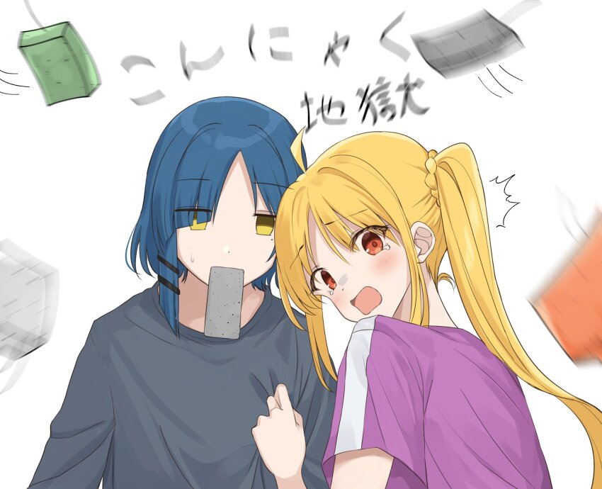2girls ahoge blonde_hair blue_hair bocchi_the_rock! breasts clothes_grab commentary_request empty_eyes expressionless from_behind grey_shirt hair_ornament hair_over_one_eye hairpin highres ijichi_nijika kanaria_hisagi long_hair looking_at_viewer medium_breasts mole mole_under_eye mouth_hold multiple_girls open_mouth parted_bangs peanut_mouth pink_shirt red_eyes scared shirt shirt_grab short_sleeves side_ponytail sweatdrop tearing_up thrown translation_request upper_body yamada_ryo yellow_eyes