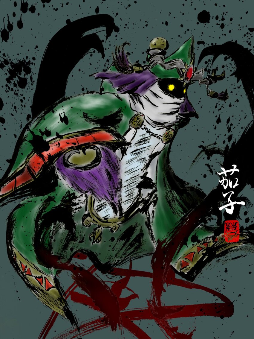 ancientwisemon digimon digimon_(creature) hand_fan highres mirror solo ten_legendary_warriors yellow_eyes