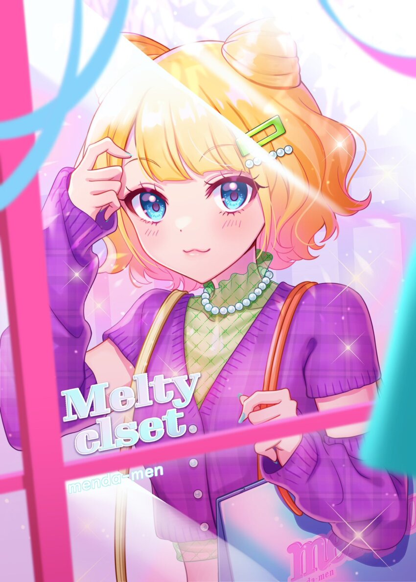 1girl :3 adjusting_hair arm_up arm_warmers bag bead_necklace beads blonde_hair blue_eyes blunt_bangs cardigan closed_mouth commentary_request double_bun green_shirt hair_bun hair_ornament hairclip hand_up highres holding_strap jewelry looking_at_viewer mendamen minami_mirei nail_polish necklace pretty_series pripara purple_cardigan shirt shopping_bag short_hair smile solo sparkle upper_body window