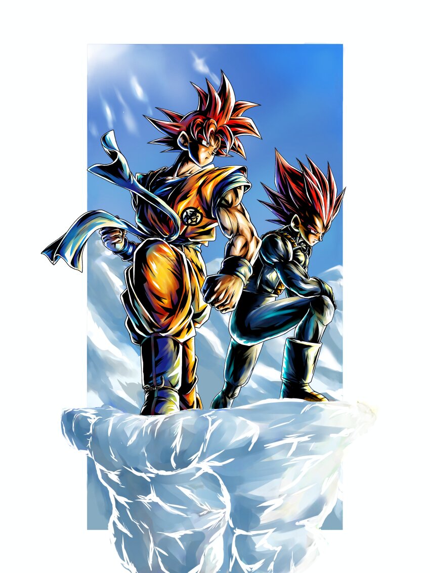 2boys absurdres armor blue_bodysuit blue_boots blue_shirt blue_sky blue_wrist_cuffs bodysuit boots dougi dragon_ball dragon_ball_super dragon_ball_super_broly highres ice male_focus medium_hair multiple_boys muscular muscular_male nazunnio1225 orange_pants orange_shirt pants red_hair saiyan_armor shirt skin_tight sky son_goku spiked_hair standing sun super_saiyan super_saiyan_god vegeta white_armor white_boots wrist_cuffs