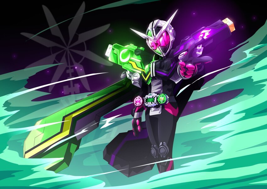 1boy 2009 armor black_armor cape clock_hands double_rider_watch foreshortening fuuto_(city) gaia_memory gloves green_armor highres kamen_rider kamen_rider:_heisei_generations_forever kamen_rider_double kamen_rider_w kamen_rider_zi-o kamen_rider_zi-o_(series) katakana otokamu pink_gloves pointing shoulder_armor standing wind ziku_driver