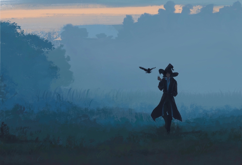 1boy absurdres amon_(lord_of_the_mysteries) angel bird black_footwear black_headwear black_pants black_robe boots bush chinese_commentary commentary_request cross crow dark dawn fog grass hand_on_own_hip hat highres holding lizhuyoulei looking_at_animal looking_to_the_side lord_of_the_mysteries monocle outdoors pants robe shirt smile tree walking white_shirt wizard_hat