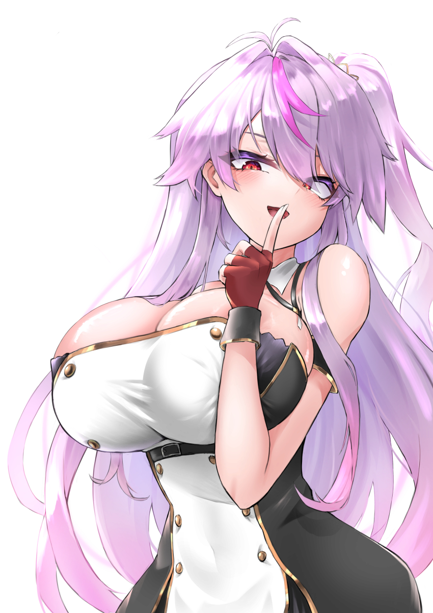 absurdres azur_lane breasts cleavage detached_collar finger_to_mouth fingerless_gloves gloves grenville_(azur_lane) highres index_finger_raised large_breasts long_hair majinno multicolored_hair pink_hair purple_hair red_eyes red_gloves single_fingerless_glove two-tone_hair very_long_hair