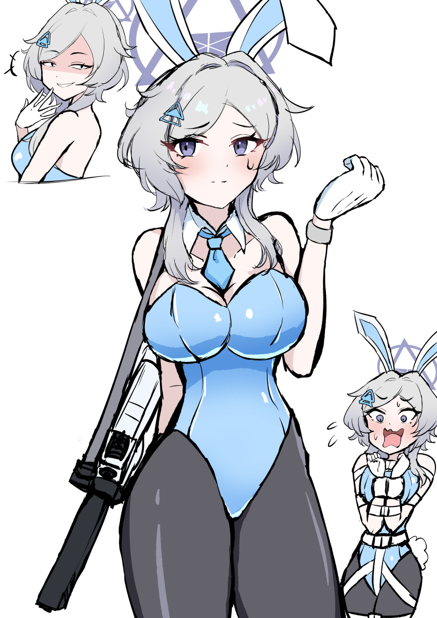 1girl absurdres alternate_costume animal_ears bdsm blue_archive blue_leotard bondage bound fake_animal_ears halo highres leotard mirai_(blue_archive) playboy_bunny purple_eyes purple_halo rabbit_ears sakamoto_(slopepepepe) simple_background solo triangle_halo white_background