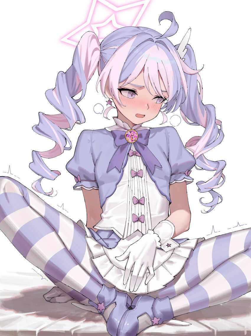 1girl absurdres ahoge blue_archive bow bowtie commentary_request drill_hair fuujin_(windust_michio) gloves hair_ornament halo highres long_hair magical_girl multicolored_hair pantyhose pink_hair puffy_short_sleeves puffy_sleeves purple_bow purple_bowtie purple_eyes purple_hair purple_pantyhose reisa_(blue_archive) reisa_(magical)_(blue_archive) shoes short_sleeves sitting solo star_(symbol) star_hair_ornament star_halo striped_clothes striped_pantyhose twin_drills twintails two-tone_hair two-tone_pantyhose very_long_hair white_gloves wing_hair_ornament winged_shoes wings