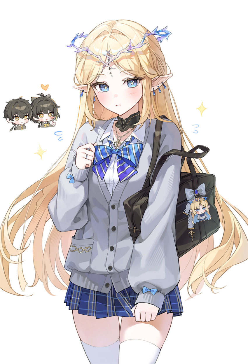 1boy 2girls adjusting_bowtie alternate_costume bag bag_charm black_bag black_collar black_hair blonde_hair blue_bow blue_bowtie blue_eyes blue_skirt blush bow bowtie cartethyia_(wuthering_waves) character_charm charm_(object) closed_mouth collar collarbone collared_shirt commentary cowboy_shot crown_of_thorns earrings female_rover_(wuthering_waves) fleurdelys_(wuthering_waves) flying_sweatdrops grey_sweater heart highres jewelry long_hair long_sleeves looking_at_viewer male_rover_(wuthering_waves) miho_(mymiho) multiple_girls necklace plaid_clothes plaid_skirt pleated_skirt pointy_ears ring rover_(wuthering_waves) school_bag school_uniform shirt sidelocks simple_background skirt sparkle sparkling_aura striped_bow striped_bowtie striped_clothes sweater tacet_mark_(wuthering_waves) thighhighs thighs thumbs_up very_long_hair white_background white_shirt white_thighhighs wuthering_waves yellow_eyes