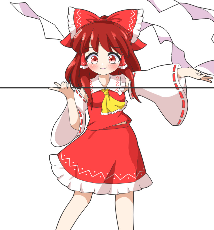 1girl ascot blush bow breasts closed_mouth commentary_request detached_sleeves fossilized_wonders frilled_ascot frilled_bow frilled_hair_tubes frilled_skirt frills gohei hair_bow hair_tubes hakurei_reimu highres holding holding_gohei long_hair looking_at_viewer red_bow red_eyes red_hair red_skirt ribbon-trimmed_sleeves ribbon_trim skirt skirt_set smile solo touhou yellow_ascot zenji029