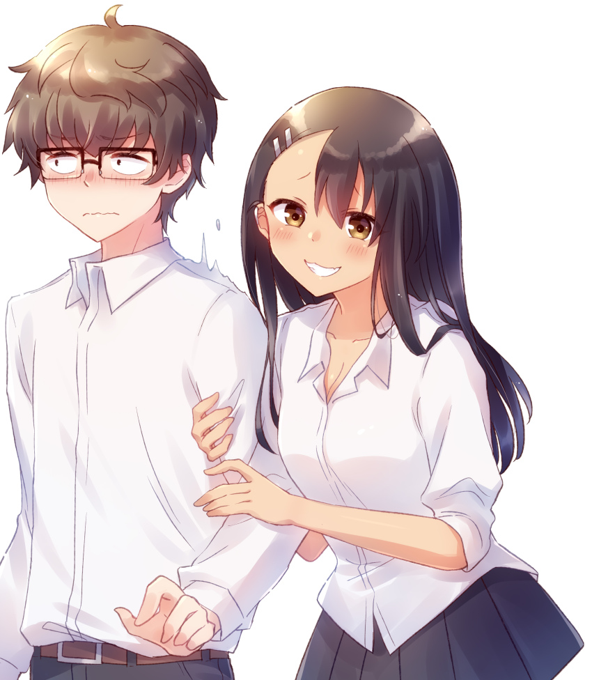 1boy 1girl absurdres arm_hug belt black-framed_eyewear black_hair black_skirt blush breasts brown_belt brown_eyes brown_hair cleavage closed_mouth collarbone collared_shirt commentary dress_shirt glasses grin hachiouji_naoto highres ijiranaide_nagatoro-san long_hair long_sleeves nagatoro_hayase nyaa_(nnekoron) over-rim_eyewear pleated_skirt rectangular_eyewear school_uniform semi-rimless_eyewear shirt short_hair simple_background skirt smile upper_body white_background white_shirt