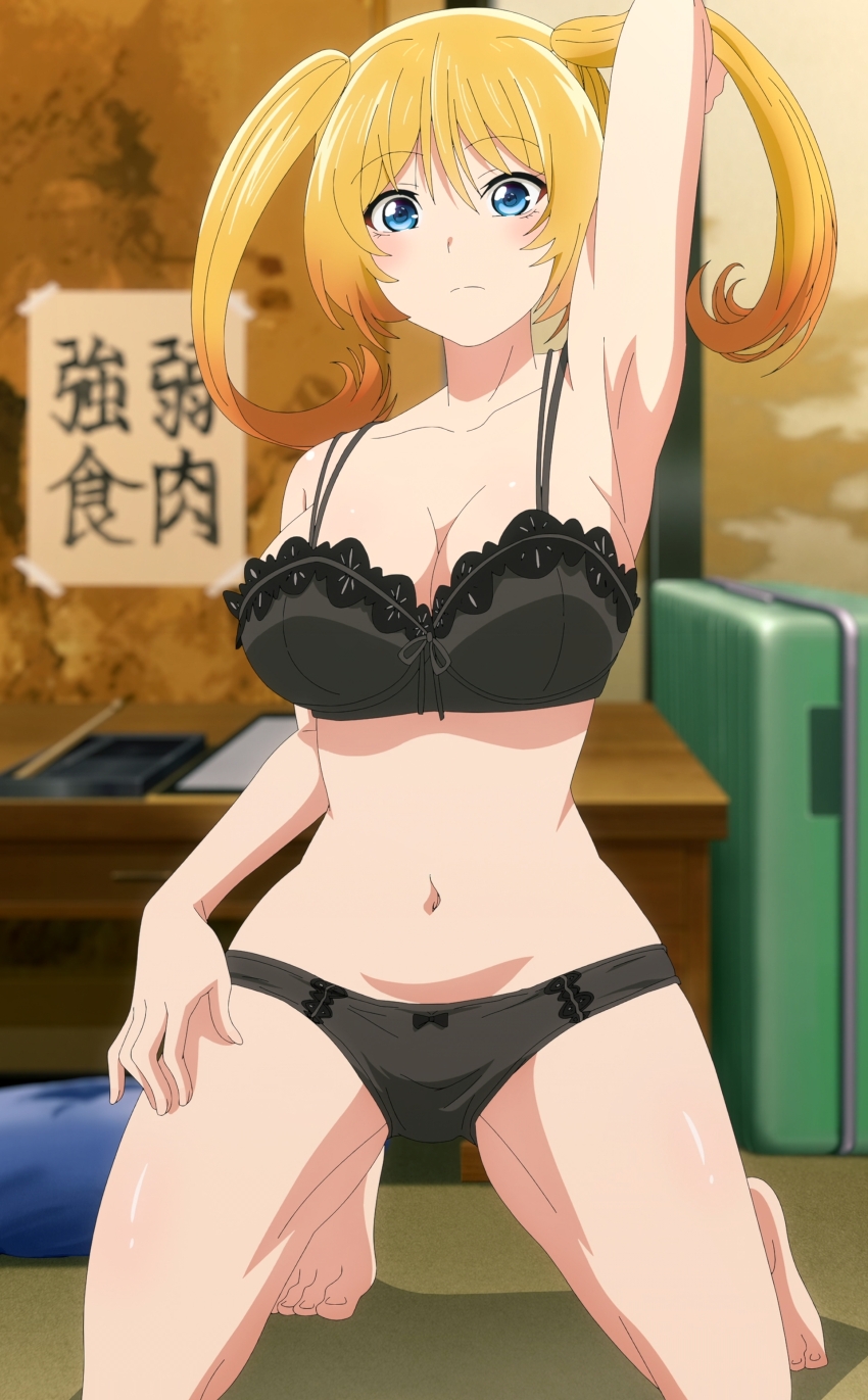 1girl absurdres anime_screenshot armpits blonde_hair blue_eyes bra breasts cleavage collarbone highres large_breasts mia_christoph navel panties solo stitched temple_(series) third-party_edit twintails underwear