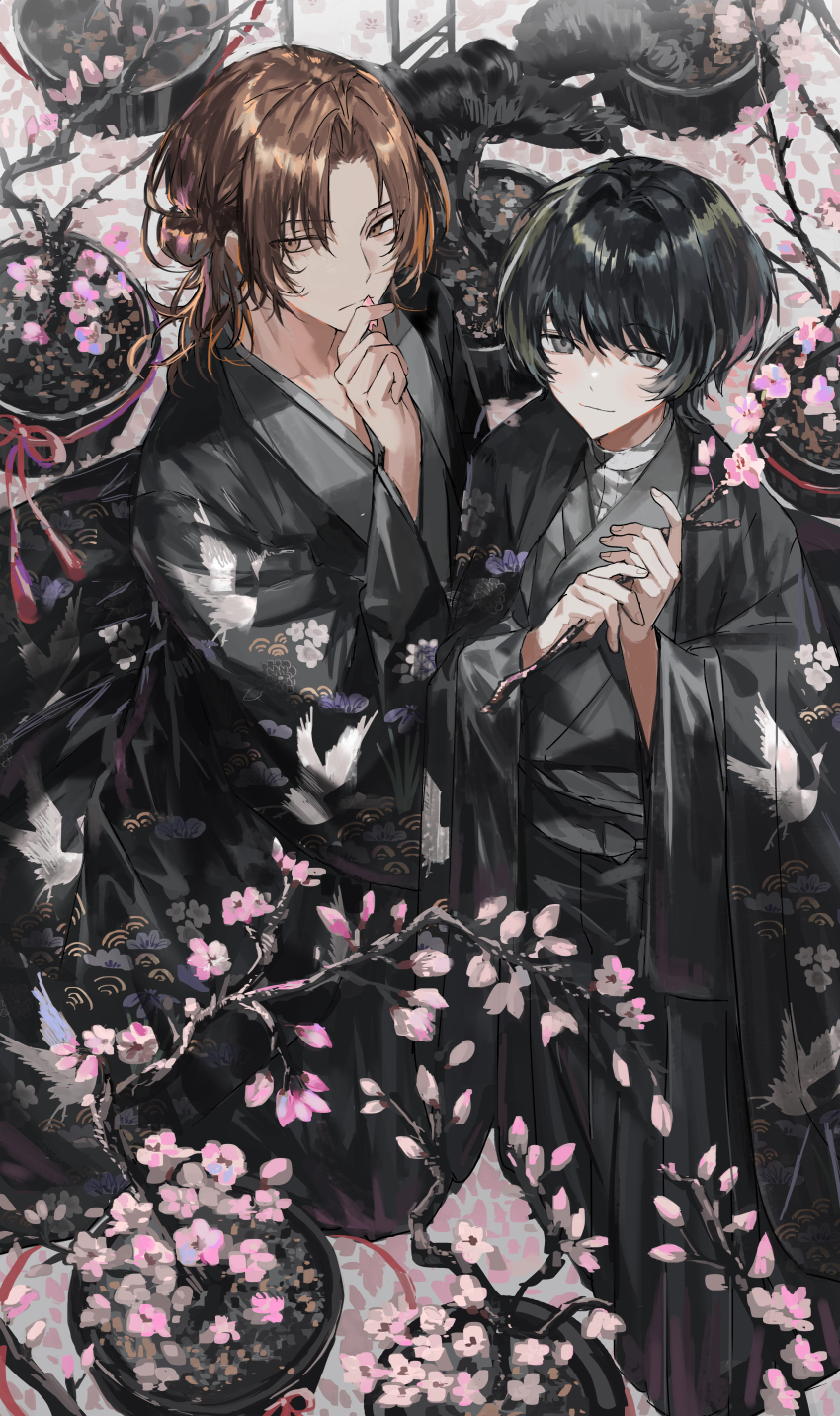 2boys absurdres animal_print bird_print black_hair black_robe black_sash blush branch brown_eyes brown_hair closed_mouth collarbone commentary_request commission commissioner_name dot_nose fingernails floral_print full_body grey_eyes hair_between_eyes highres holding holding_branch kneeling light_smile looking_to_the_side male_focus medium_hair multiple_boys nana_tetra original petal_in_mouth petals pink_petals plant print_robe robe sash shirt short_hair skeb_commission twitter_username white_shirt wide_sleeves