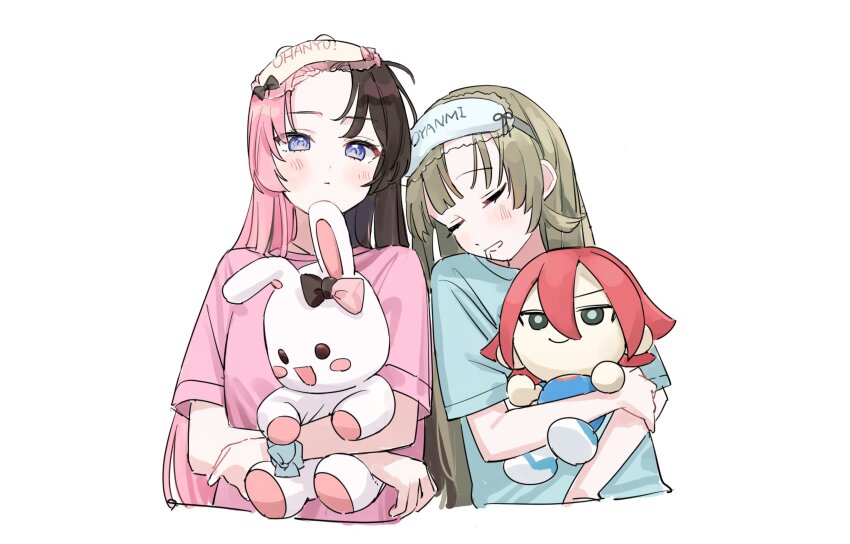 2girls blue_eyes blue_shirt brown_hair cattleya_regina_games closed_eyes cropped_torso crossed_arms drooling green_hair hanabusa_lisa hanada_ten highres holding holding_stuffed_toy inazuma_eleven_(series) iris_black_games kiyama_hiroto leaning_on_person light_blush long_hair multicolored_hair multiple_girls parted_lips pink_hair pink_shirt pointy_hair scrunchie shirt short_sleeves sleep_mask sleeping split-color_hair stuffed_toy t-shirt tachibana_hinano tachibana_hinano_(5th_costume) two-tone_hair virtual_youtuber vspo! white_background wrist_scrunchie