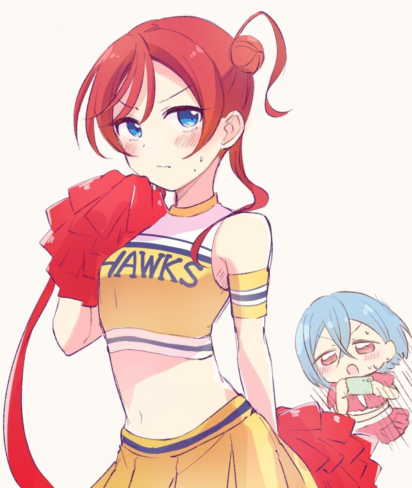 2girls blue_eyes blue_hair blush cheerleader choker closed_mouth commentary fukuoka_softbank_hawks hair_bun highres holding holding_pom_poms looking_at_viewer love_live! love_live!_superstar!! mame_mochiko medium_hair midriff motion_lines multiple_girls navel nippon_professional_baseball open_mouth orange_eyes pleated_skirt pom_pom_(cheerleading) pom_poms red_hair shirt short_hair sidelocks single_side_bun skirt solo_focus symbol-only_commentary upper_body v-shaped_eyebrows wakana_shiki white_background yellow_choker yellow_shirt yellow_skirt yoneme_mei