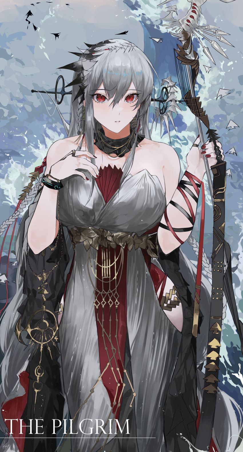 1girl absurdres ambience_synesthesia angelfish arknights arm_ribbon bare_shoulders bracelet braid cowboy detached_collar dress english_text fish hair_ornament highres hip_vent holding holding_staff infection_monitor_(arknights) jewelry long_dress looking_at_viewer ornate_clothes parted_lips red_eyes ribbon ring side_braid skadi_(arknights) skadi_the_corrupting_heart_(arknights) solo staff standing strapless strapless_dress tropical_fish water waves western white_dress yuki_flourish