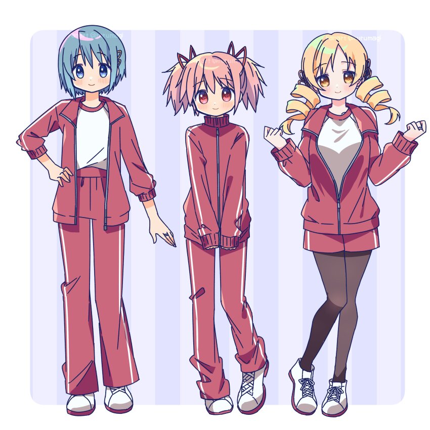 3girls absurdres blonde_hair blue_eyes drill_hair full_body gym_uniform highres kaname_madoka looking_at_viewer mahou_shoujo_madoka_magica miki_sayaka multiple_girls pink_eyes pink_hair ruru_(rurumagi) short_twintails tomoe_mami twin_drills twintails yellow_eyes
