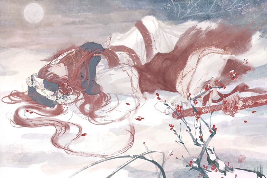 1boy black_hat chinese_clothes corpse cowboy_shot death fog fransbell hair_over_shoulder hanfu hat highres jinguang_budaixi light_particles lying male_focus moon on_back outdoors petals plant red_hair red_petals solo sword three_quarter_view weapon white_hanfu wispy_bangs wuqing_zangyue