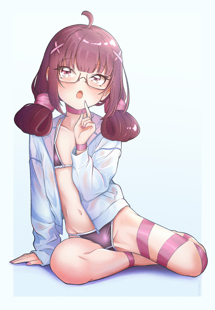 1girl ahoge bikini blush breasts brown_eyes brown_hair fallenshadow finger_to_mouth glasses highres indie_virtual_youtuber jacket leg_ribbon long_hair navel neck_ribbon open_mouth pettan_(zeez4743) purple_bikini ribbon sitting small_breasts solo stomach swimsuit thigh_ribbon thighs twintails virtual_youtuber white_jacket