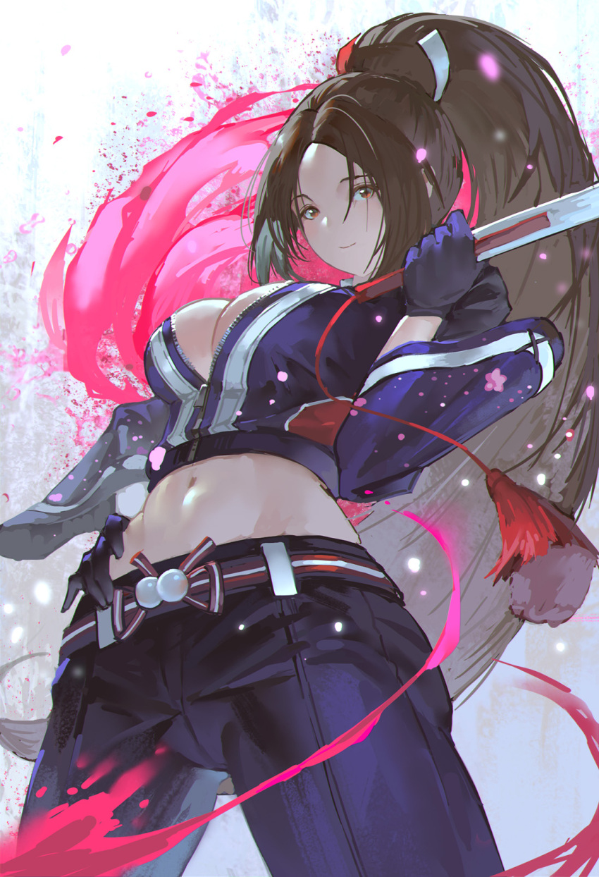 1girl breasts brown_eyes brown_hair cleavage fatal_fury fatal_fury:_city_of_the_wolves gloves half-closed_eyes hand_on_own_hip high_ponytail highres jacket large_breasts leather leather_jacket leather_pants legs looking_at_viewer midriff navel pants pink_lips ponytail seductive_gaze seductive_smile shiranui_mai smile snk solo the_king_of_fighters thick_thighs thighs toned