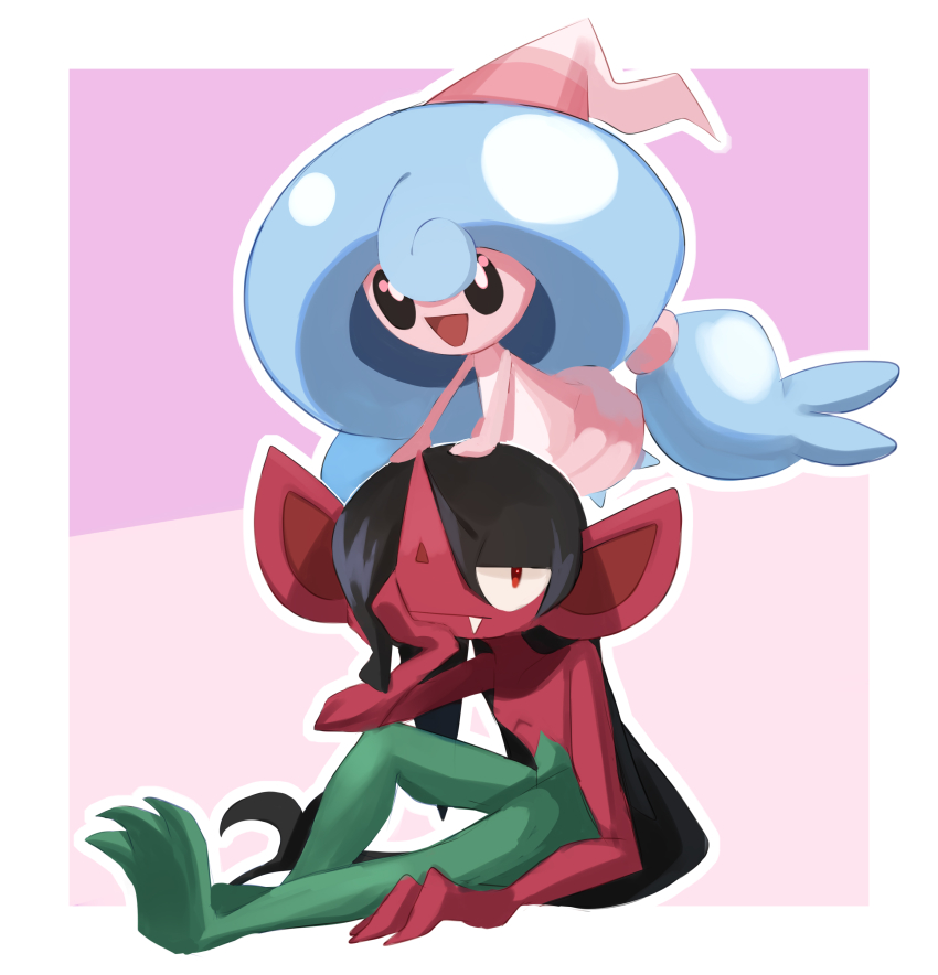 :d absurdres black_eyes border bright_pupils closed_mouth commentary_request fang fang_out gen_8_pokemon hand_up hattrem head_rest highres morgrem nanashi_nasi nintendo on_head open_mouth outline pokemon pokemon_(creature) pokemon_on_head red_eyes sitting smile tongue white_border white_pupils