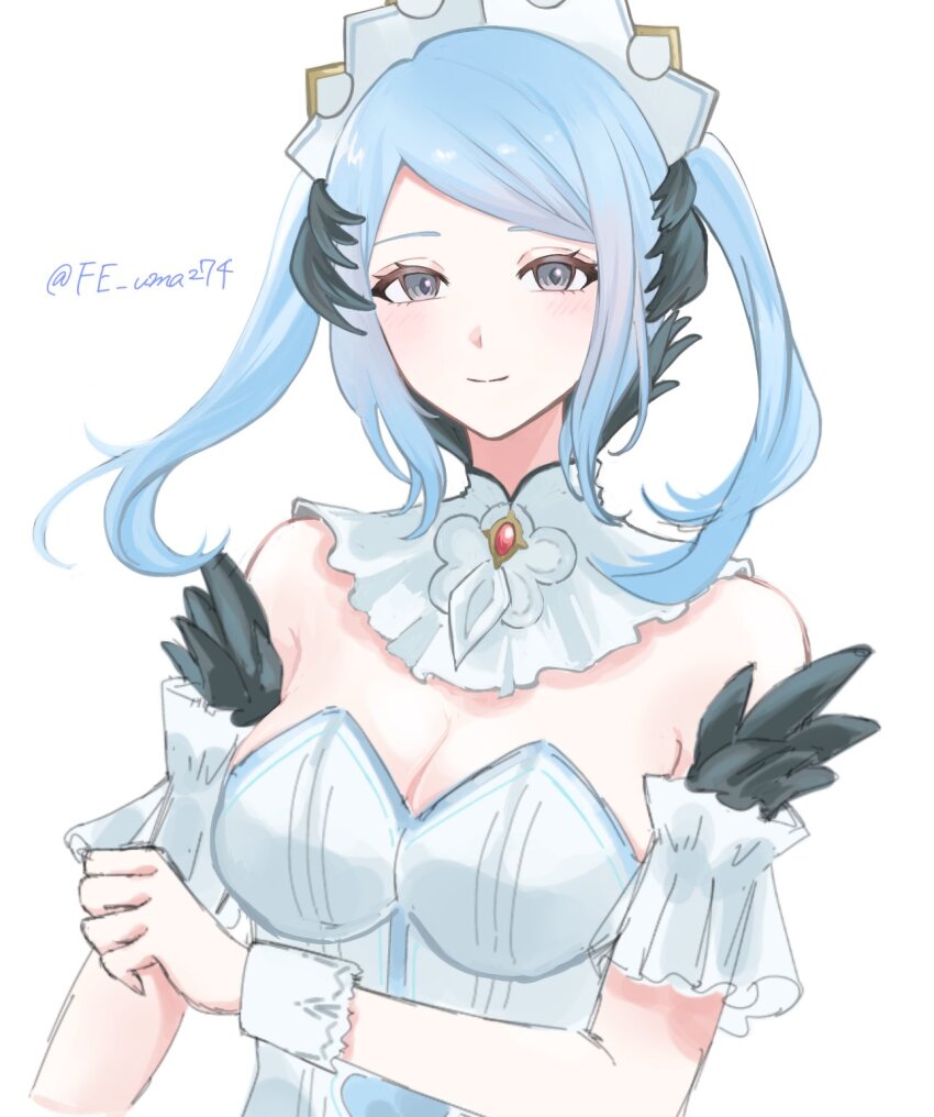 1girl bare_shoulders blue_hair breasts cleavage closed_mouth dress fire_emblem fire_emblem_fates fire_emblem_heroes flora_(fire_emblem) flora_(ice)_(fire_emblem) grey_eyes highres looking_at_viewer maid_headdress medium_breasts nintendo official_alternate_costume sayaka_(fe_uma274) smile solo strapless strapless_dress twintails twitter_username upper_body white_background white_dress wrist_cuffs