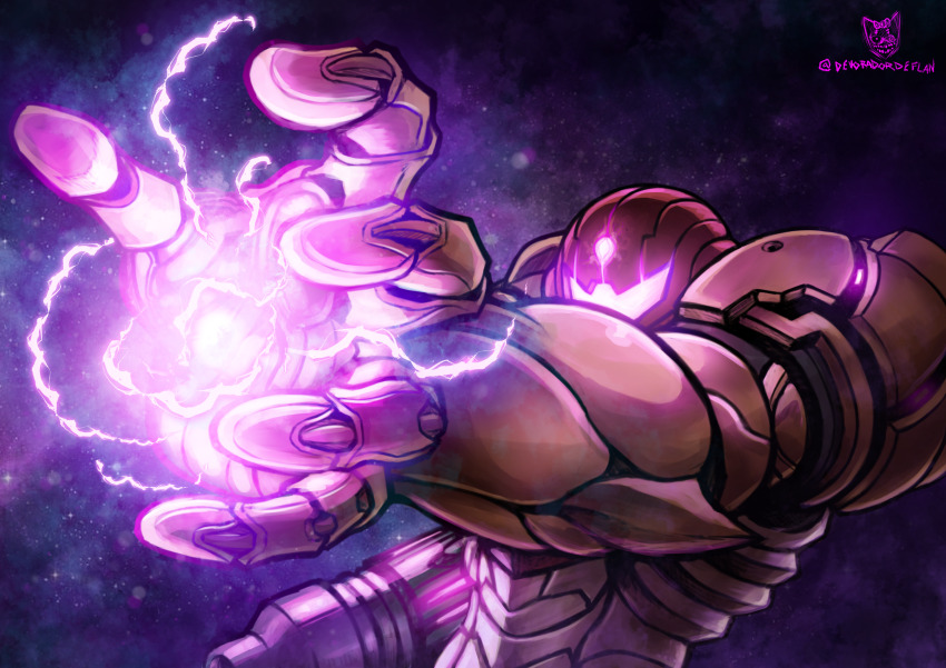 1girl absurdres arm_cannon armor assault_visor elbow_spikes eldevoradordeflanes electricity energy energy_ball forehead_jewel glowing helmet highres metroid metroid_prime_4:_beyond nintendo perspective pink_visor power_armor power_suit_(metroid) purple_electricity samus_aran shoulder_pads solo space varia_suit weapon