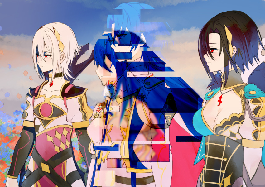 alear_(female)_(fire_emblem) alear_(male)_(fire_emblem) black_hair blue_hair breasts closed_mouth fire_emblem fire_emblem_engage large_breasts looking_to_the_side nel_(fire_emblem) nintendo rafal_(fire_emblem) red_eyes shoochiku_bai white_hair
