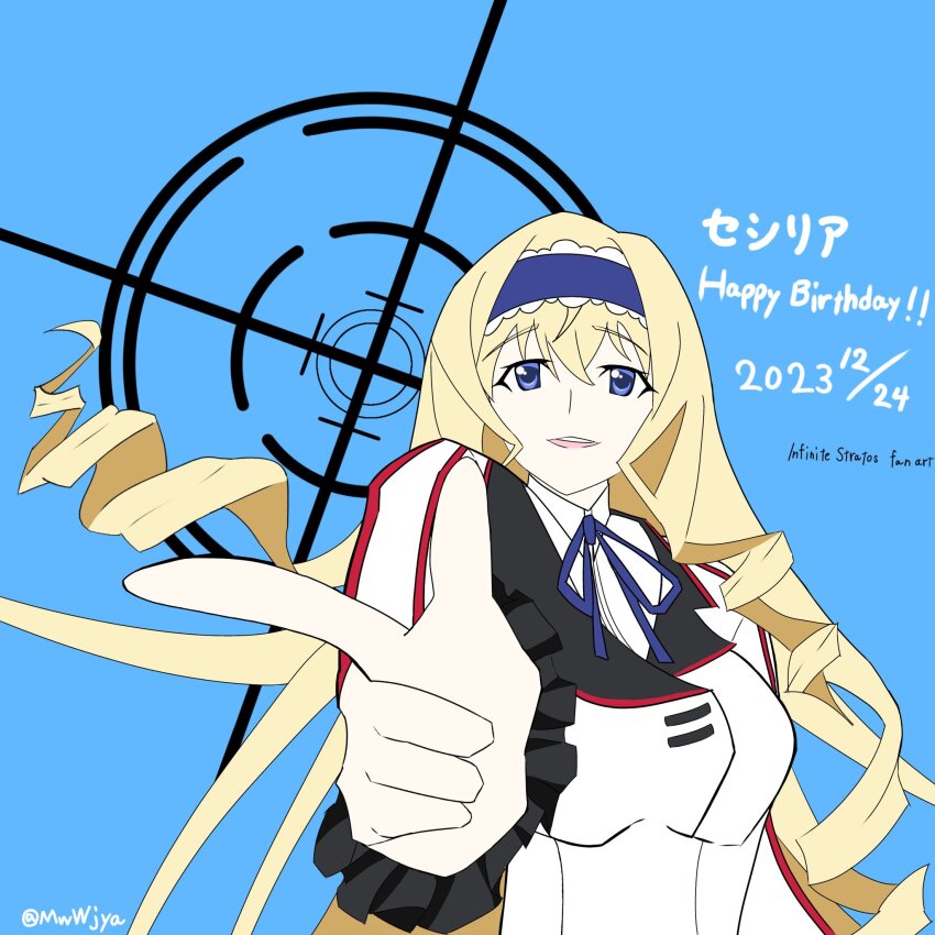 1girl artist_name blonde_hair blue_eyes breasts cecilia_alcott dated drill_hair hairband highres index_finger_raised infinite_stratos large_breasts long_hair looking_at_viewer parted_lips school_uniform smile solo teeth tongue very_long_hair