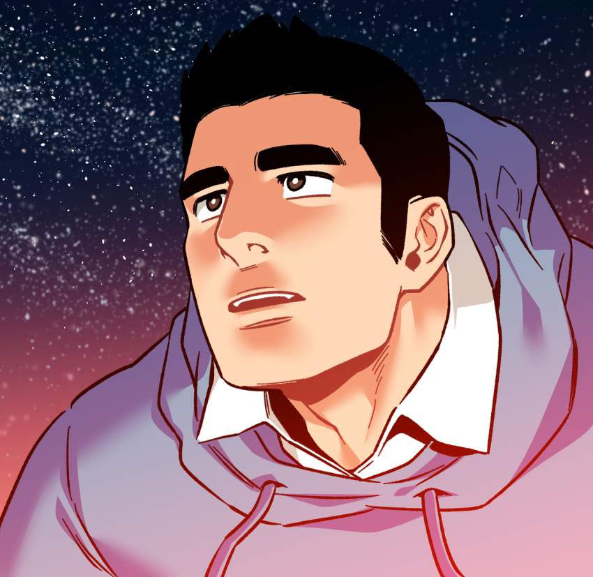 1boy black_hair brown_eyes close-up collared_shirt highres hood hoodie kim_nuruk liebling looking_to_the_side male_focus mature_male night open_mouth shirt short_hair sky solo star_(sky) starry_sky taehoon_park teeth thick_eyebrows