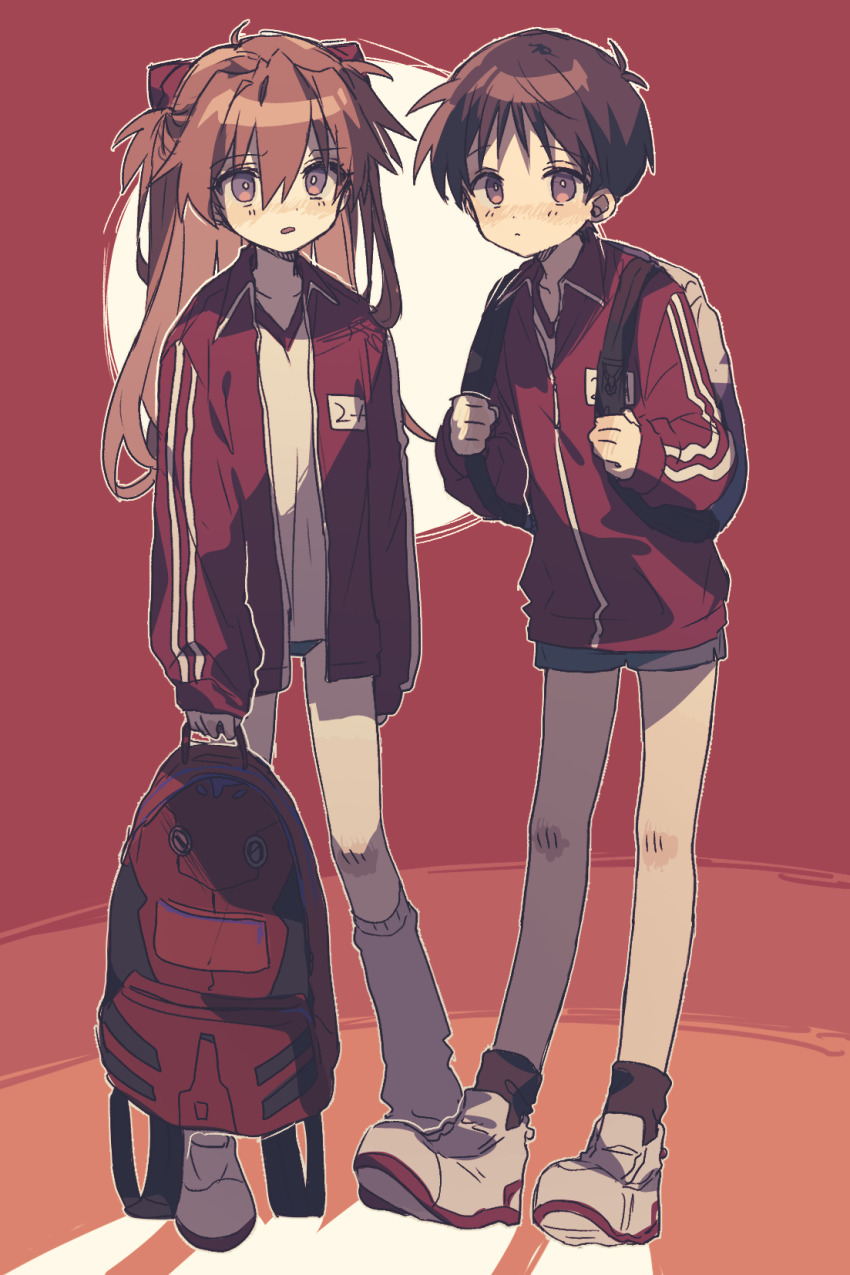 1boy 1girl alternate_costume backpack bag black_socks blue_buruma blue_eyes blue_shorts bright_pupils brown_hair buruma closed_mouth dot_nose full_body gym_uniform hair_between_eyes highres holding holding_bag holding_strap ikari_shinji interface_headset_(evangelion) jacket kneehighs long_hair long_sleeves looking_at_viewer neon_genesis_evangelion open_clothes open_jacket orange_hair parted_lips red_background red_jacket shirasunuko shirt shoes shorts socks souryuu_asuka_langley standing two_side_up unworn_backpack unworn_bag v-neck white_shirt white_socks
