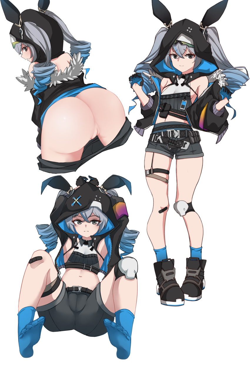 1girl absurdres armpits ass black_gloves black_jacket black_shoes black_shorts blue_socks bronya_zaychik bronya_zaychik_(haxxor_bunny) closed_mouth drill_hair full_body gloves grey_eyes grey_hair highres honkai_(series) honkai_impact_3rd jacket knee_pads long_hair long_sleeves midriff multiple_views no_panties no_shoes open_mouth pussy shoes shorts simple_background single_knee_pad socks soles thigh_strap twin_drills white_background xiaosa123