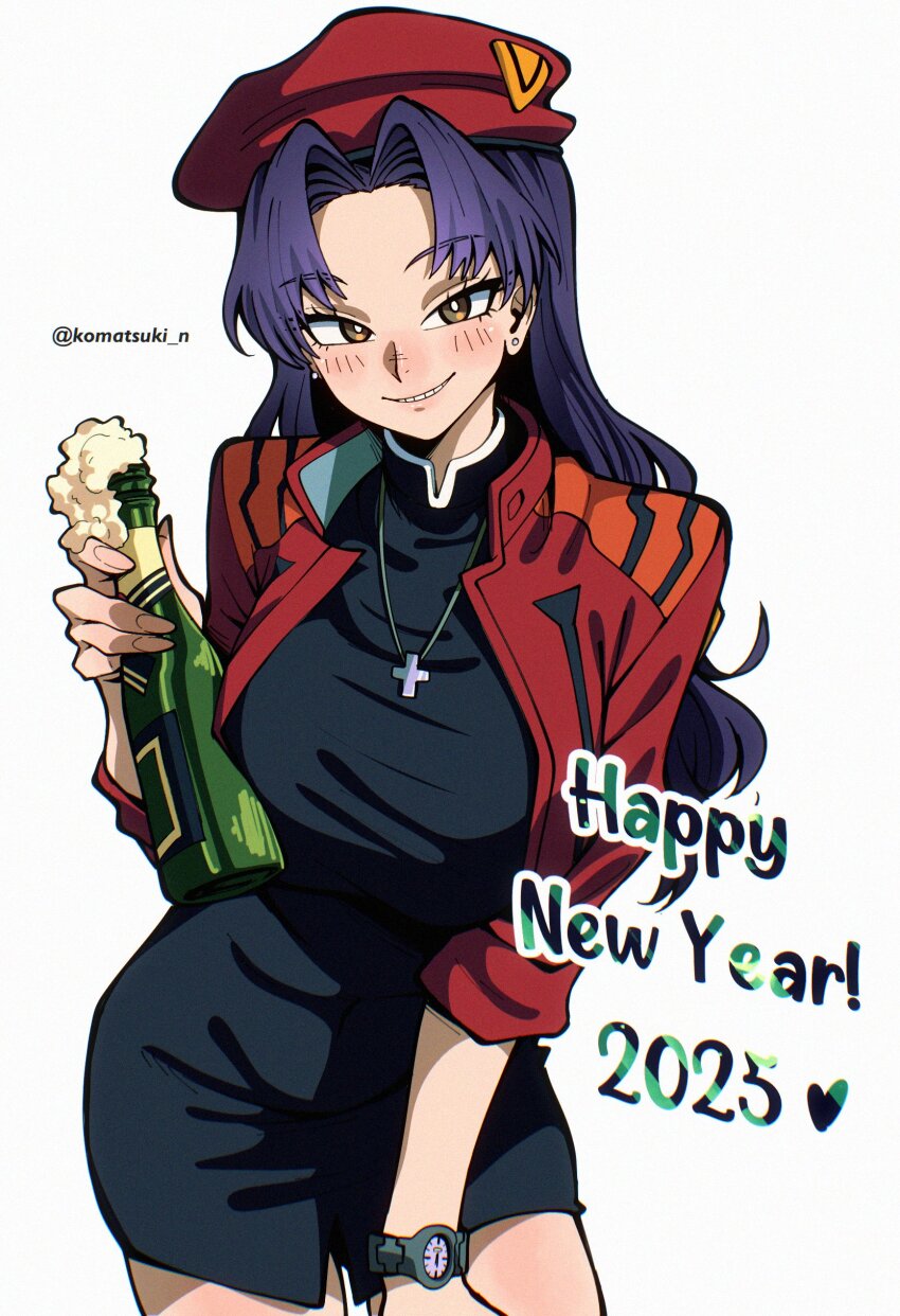 1girl 2025 absurdres alcohol beret black_dress blush bottle brown_eyes champagne commentary cowboy_shot cross dress happy_new_year hat high_collar highres holding holding_bottle jacket katsuragi_misato komatsuki_n neon_genesis_evangelion new_year parted_bangs red_hat red_jacket simple_background smile solo white_background