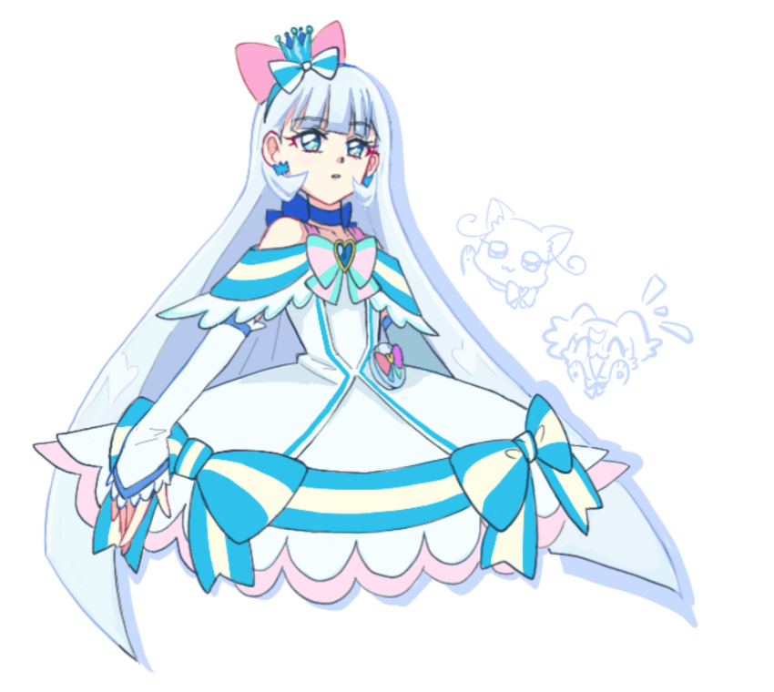 1girl :3 ^_^ animal_ear_hairband animal_ears aqua_bow arm_warmers bare_shoulders blue_bow blue_choker blue_crown blue_eyes blue_hairband blunt_bangs bow brooch cat cat_ear_hairband cat_ears chest_bow choker closed_eyes collarbone commentary cropped_legs crown crown_earrings cure_nyammy dog dress dress_bow earrings fake_animal_ears hair_bow hairband heart heart_brooch hinoki_(91011) inukai_komugi inukai_komugi_(dog) jewelry long_hair looking_at_viewer magical_girl medium_dress mini_crown nekoyashiki_yuki nekoyashiki_yuki_(cat) notice_lines open_mouth pact_holder papillon_(dog) parted_lips petticoat pink_petticoat pouch precure shiny_cats_pact simple_background smile solo solo_focus striped_bow very_long_hair white_arm_warmers white_background white_dress white_hair wonderful_precure!