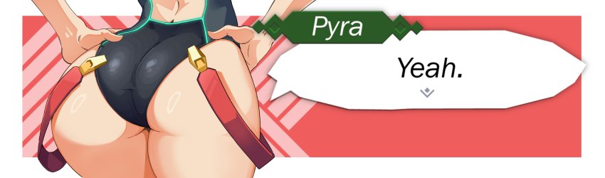 1girl absurdres ass ass_focus competition_swimsuit english_text from_behind hands_on_own_hips highres huge_ass i_am_anddo miiverse_yeah!_(meme) neon_trim one-piece_swimsuit pyra_(pro_swimmer)_(xenoblade) pyra_(xenoblade) solo speech_bubble strap swimsuit wide_hips xenoblade_chronicles_(series) xenoblade_chronicles_2