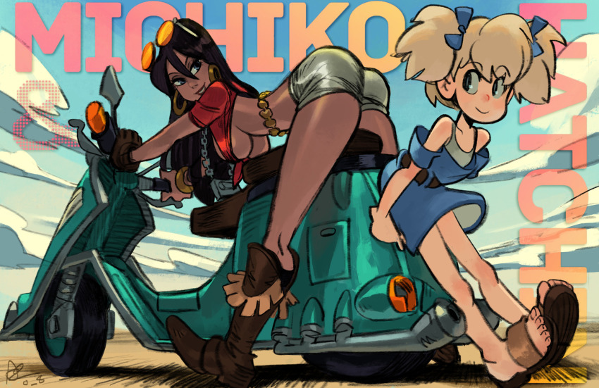 2girls alex_ahad ass bangle bent_over black_hair blonde_hair blue_dress blue_eyes blue_sky boots bracelet breasts brown_gloves commentary copyright_name cowboy_boots crop_top dark-skinned_female dark_skin day dress earrings english_commentary eyewear_on_head front-tie_top full_body gloves gold_earrings hair_between_eyes hatchin_morenos hoop_earrings jewelry kneepits large_breasts long_hair michiko_malandro michiko_to_hacchin motor_vehicle multiple_girls off-shoulder_dress off_shoulder on_scooter orange-tinted_eyewear rimless_eyewear sandals scooter short_hair short_shorts shorts single_glove sky smile sunglasses tinted_eyewear toes two_side_up underboob very_dark_skin vespa